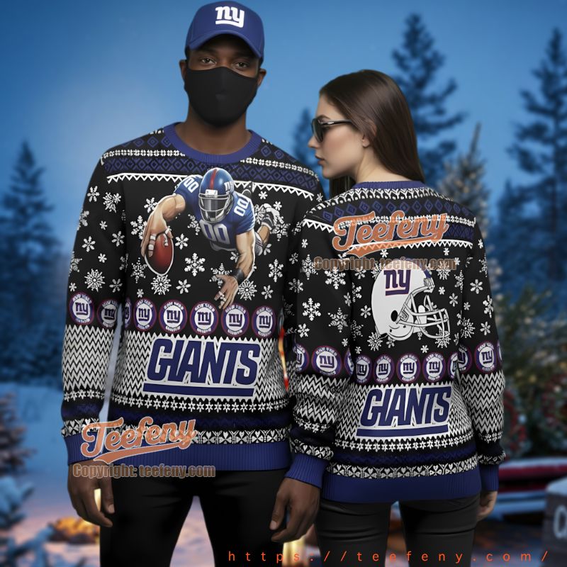 New York Giants Fan Ugly Christmas Sweater Action Design Black Blue