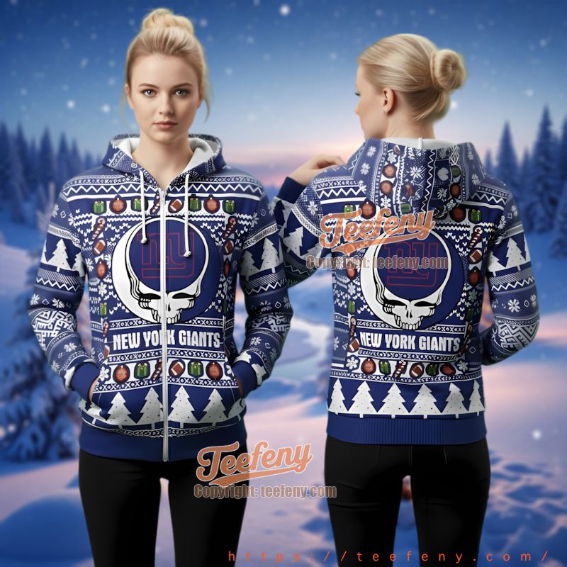 New York Giants Grateful Dead Stealie Ugly Christmas 3D Hoodie