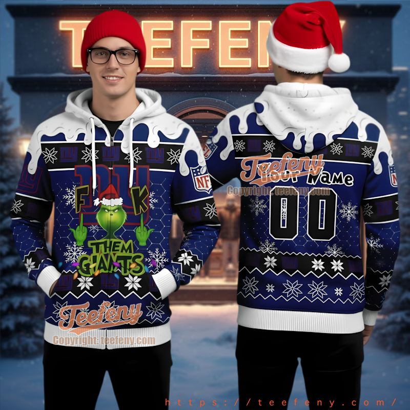 New York Giants Grinch Custom Name Number Ugly Christmas 3D Hoodie New York Giants Grinch Custom Name Number Ugly Christmas 3D Hoodie