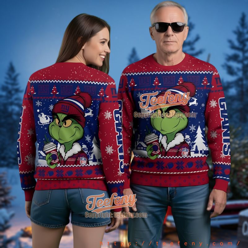 New York Giants Grinch Drinking Coffee Ugly Christmas Sweater
