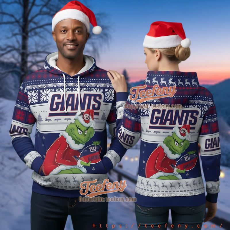 New York Giants Grinch Holding Football Ugly Christmas 3D Hoodie