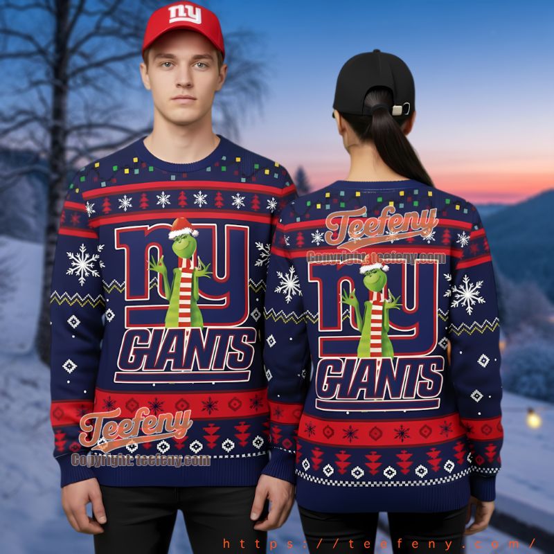 New York Giants Grinch Santa Hat Ugly Christmas Sweater Blue Red