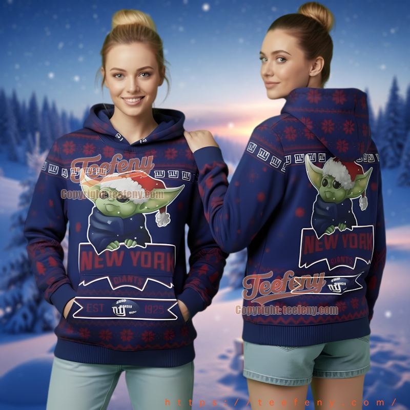 New York Giants Grogu Santa Hat Ugly Christmas 3D Hoodie