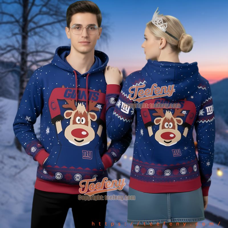 New York Giants Red Nose Reindeer Ugly Christmas 3D Hoodie