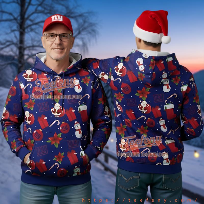 New York Giants Santa Snowman Pattern Ugly Christmas 3D Hoodie