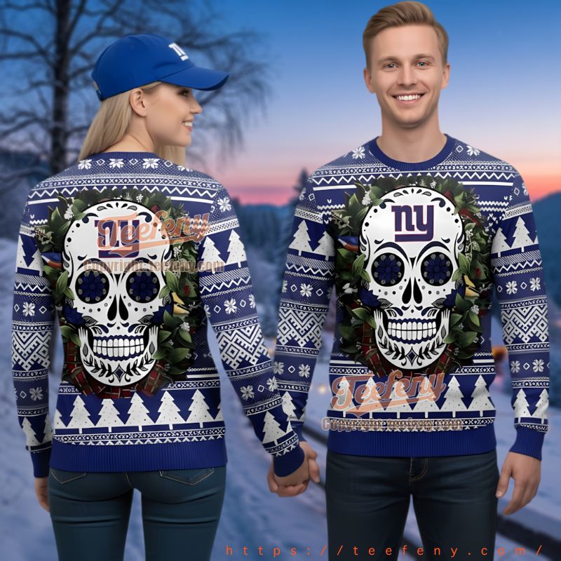New York Giants Sugar Skull Floral Wreath Ugly Christmas Sweater