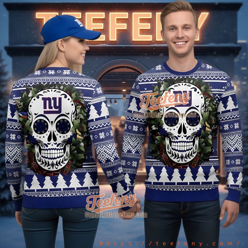New York Giants Sugar Skull Floral Wreath Ugly Christmas Sweater New York Giants Sugar Skull Floral Wreath Ugly Christmas Sweater