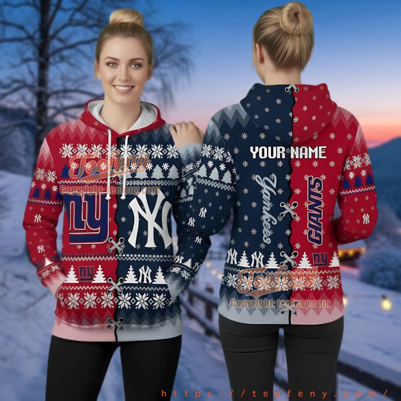New York Giants Yankees Split Ugly Christmas 3D Hoodie Custom Name
