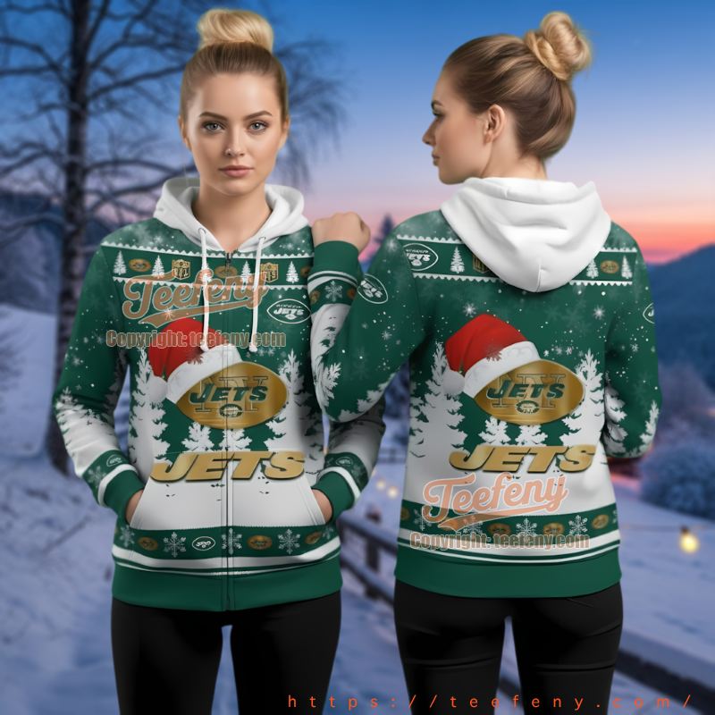 New York Jets Logo Santa Hat Ugly Christmas 3D Zip Up Hoodie Nfl