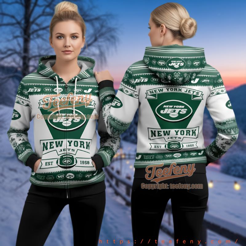 New York Jets Logo Ugly Christmas 3D Hoodie White Green Nfl Fan