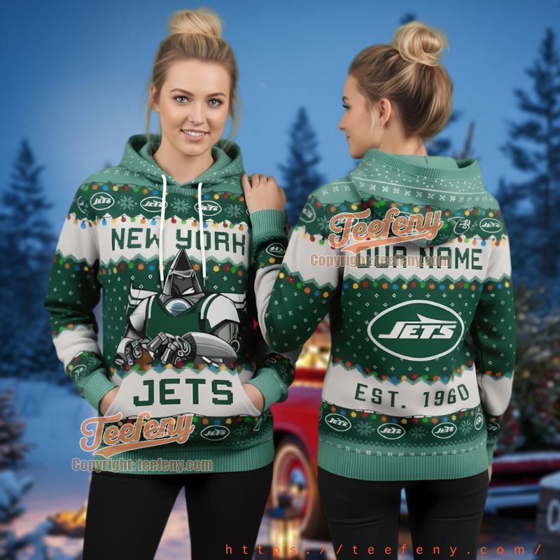 New York Jets Mascot Ugly Christmas 3D Hoodie Custom Name