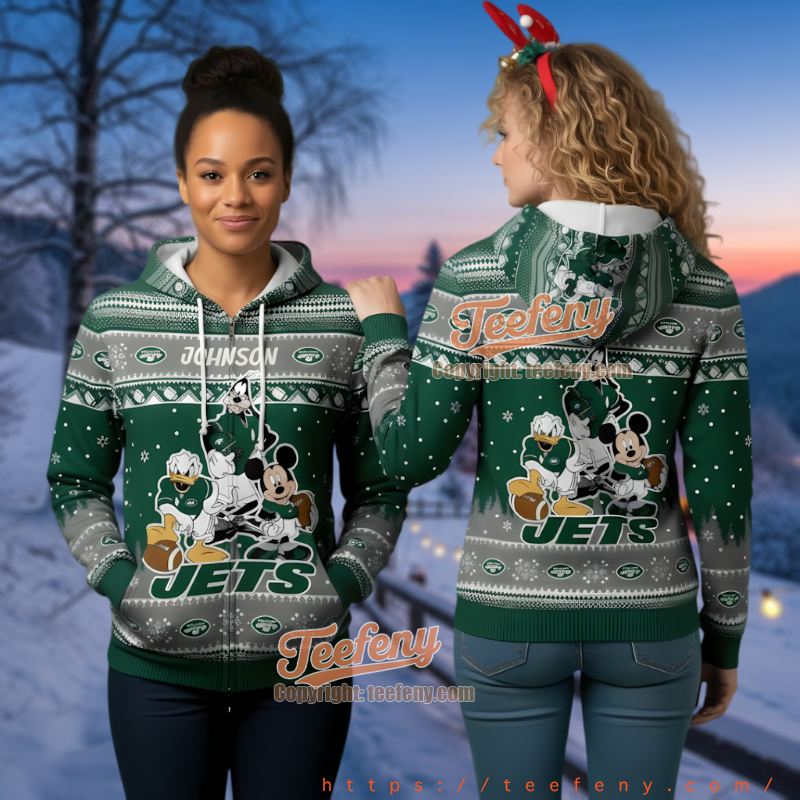 New York Jets Mickey Donald Goofy Ugly Christmas 3D Zip Up Hoodie Custom