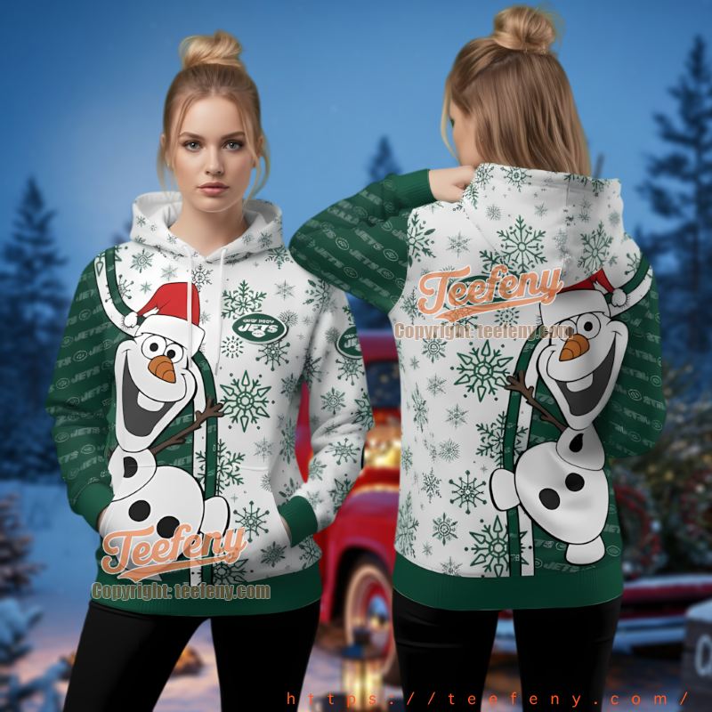 New York Jets Olaf Frozen Ugly Christmas 3D Hoodie Santa Hat