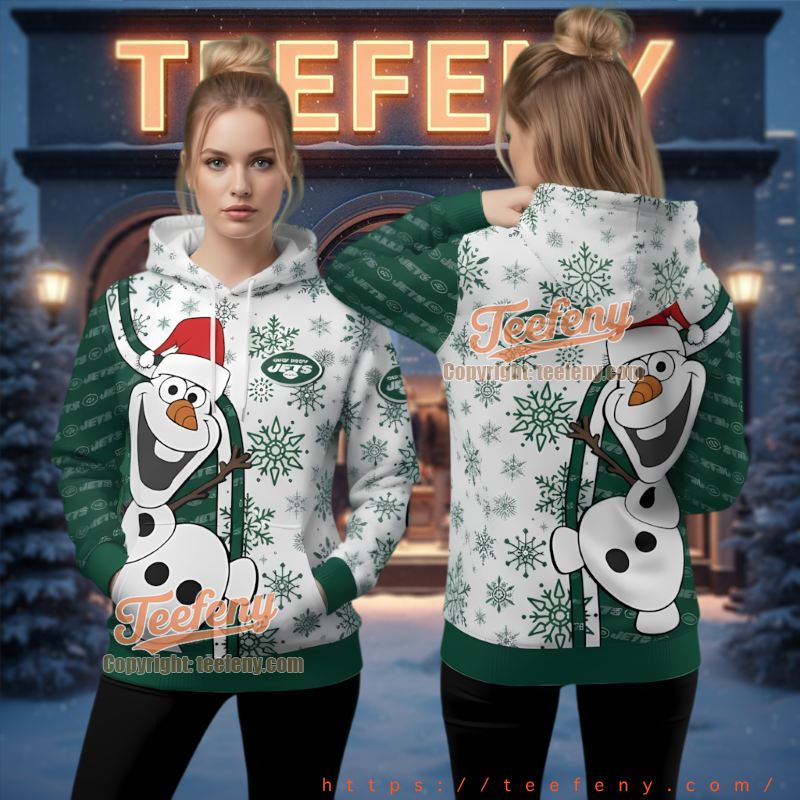 New York Jets Olaf Frozen Ugly Christmas 3D Hoodie Santa Hat New York Jets Olaf Frozen Ugly Christmas 3D Hoodie Santa Hat