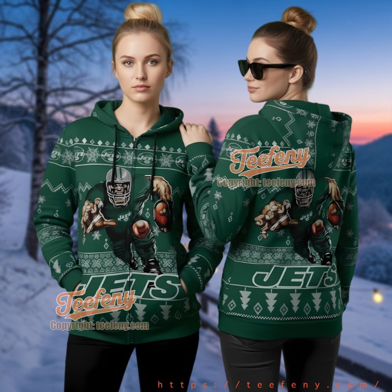 New York Jets Player Action Ugly Christmas 3D Zip Up Hoodie Nfl