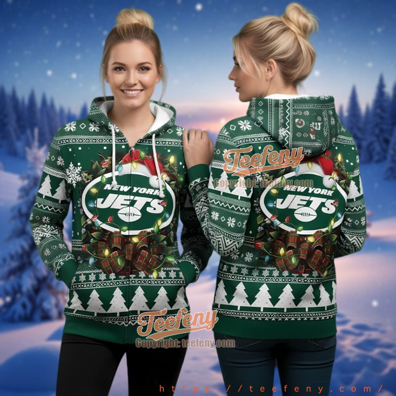 New York Jets Santa Hat Christmas Wreath Ugly Christmas 3D Hoodie