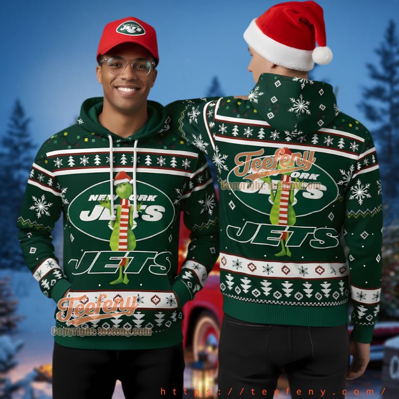 New York Jets The Grinch Santa Hat Ugly Christmas 3D Hoodie Fan Gift