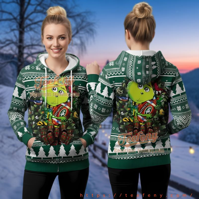 New York Jets The Grinch Ugly Christmas 3D Hoodie Zip Up Fan Gear