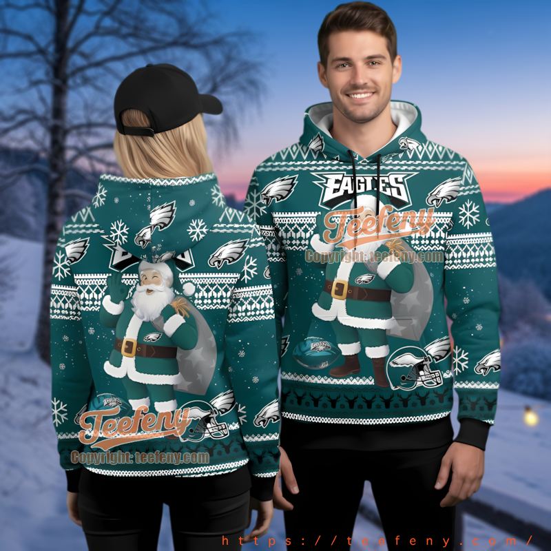 Philadelphia Eagles Festive Santa Claus 3D Ugly Christmas Hoodie Custom