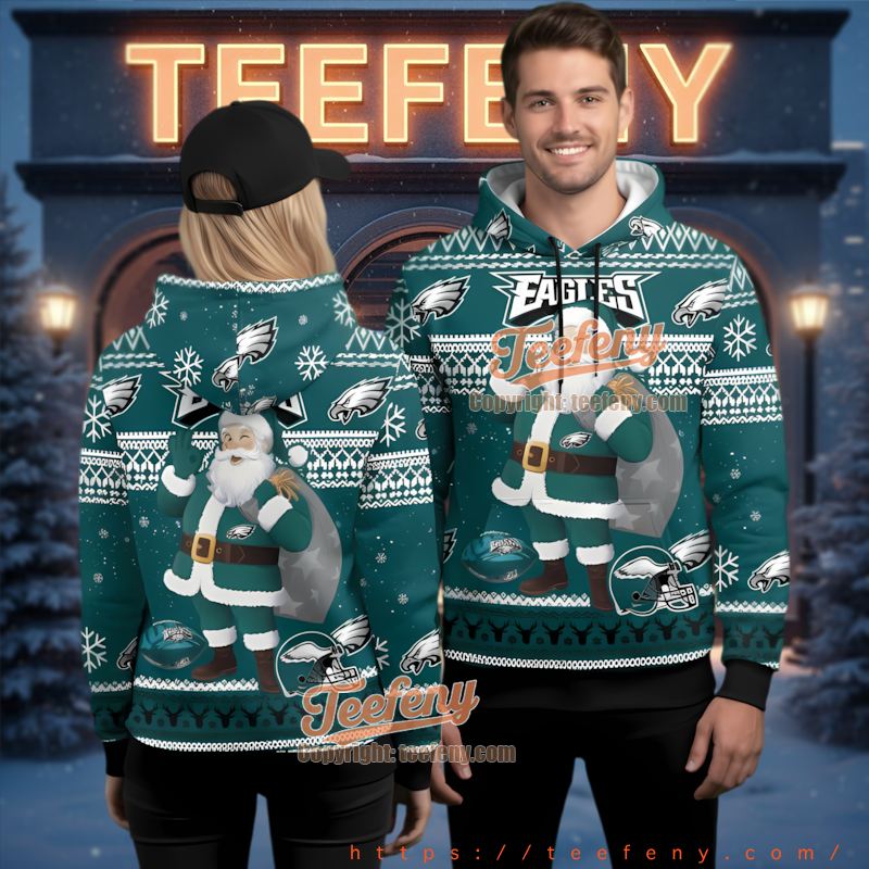 Philadelphia Eagles Festive Santa Claus 3D Ugly Christmas Hoodie Custom Philadelphia Eagles Festive Santa Claus 3D Ugly Christmas Hoodie Custom