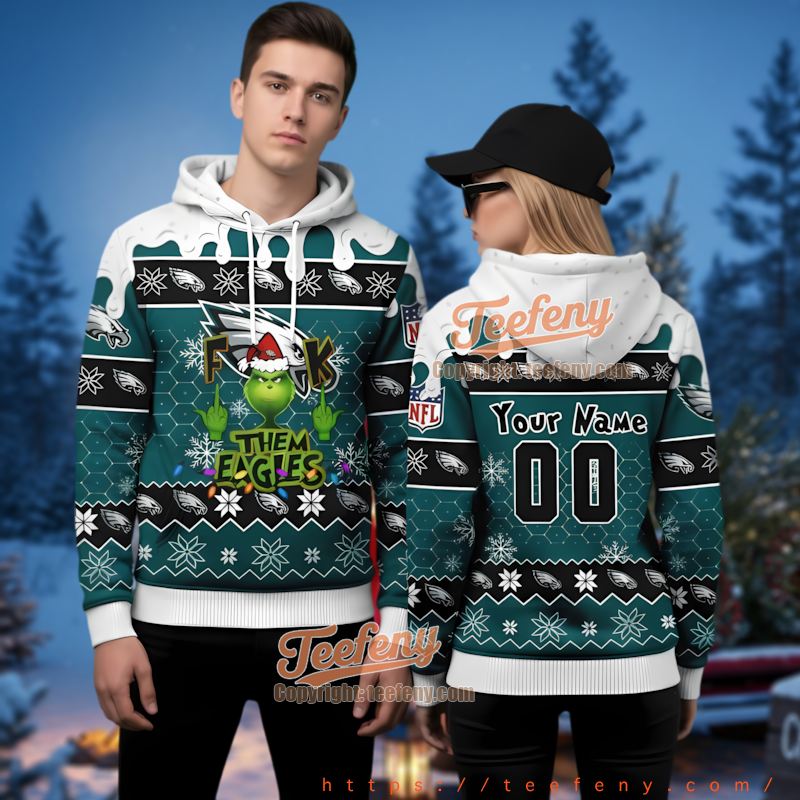 Philadelphia Eagles Funny Grinch Middle Finger Holiday 3D Hoodie