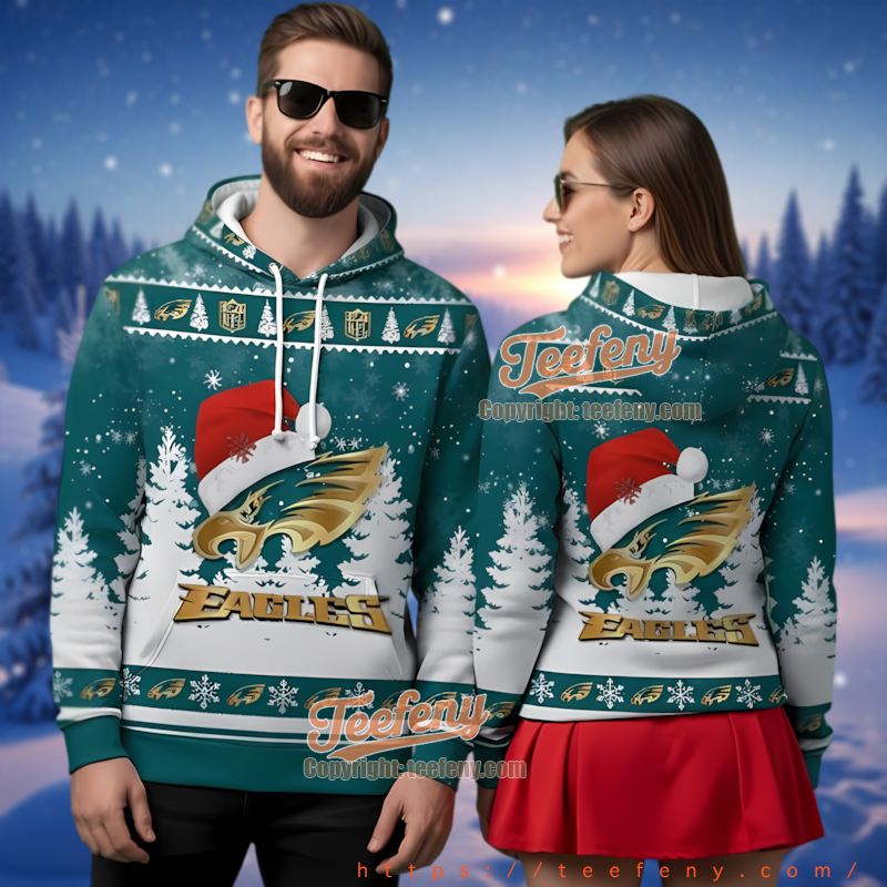 Philadelphia Eagles Gold Logo 3D Ugly Christmas Hoodie Santa Hat