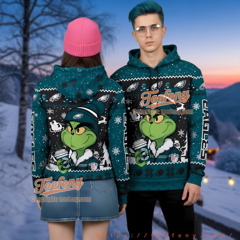 Philadelphia Eagles Grinch Coffee Ugly Christmas 3D Hoodie