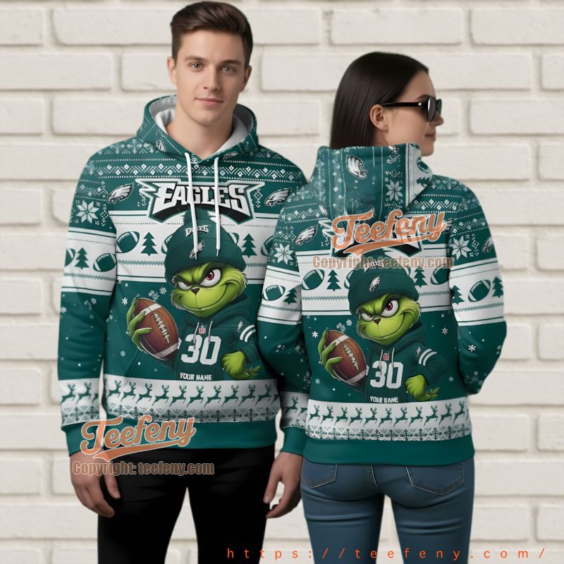 Philadelphia Eagles Grinch Football Ugly Christmas 3D Hoodie