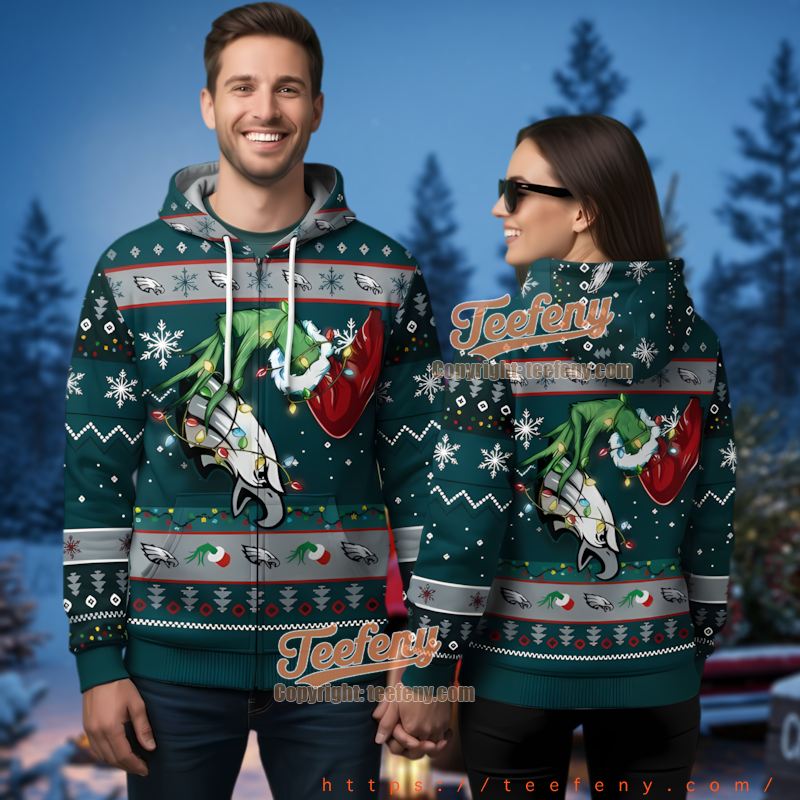 Philadelphia Eagles Grinch Hand Christmas Light 3D Zip Up Hoodie