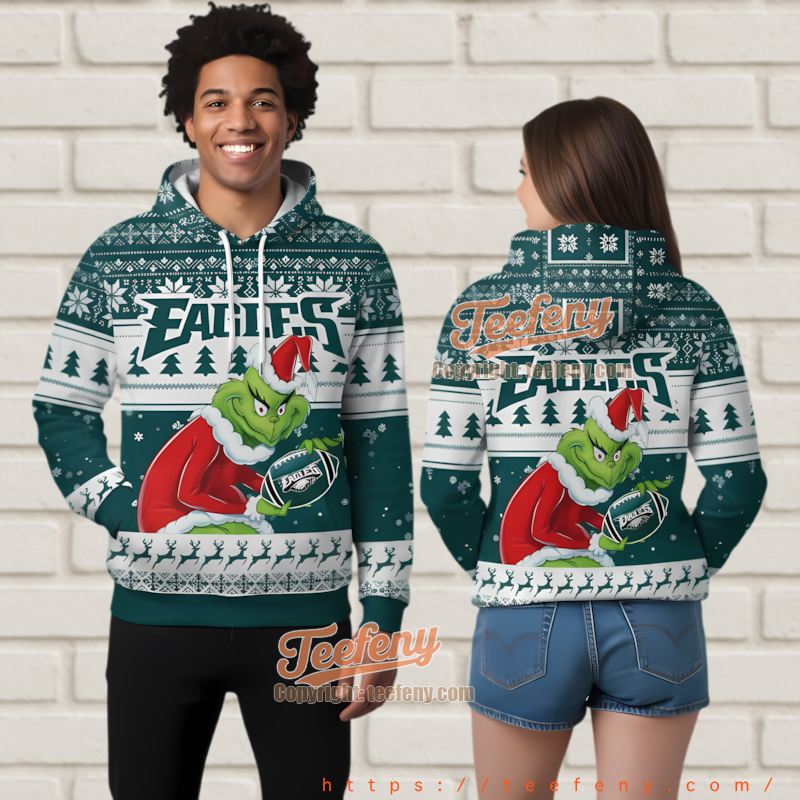 Philadelphia Eagles Grinch Holding Football 3D Ugly Christmas Hoodie