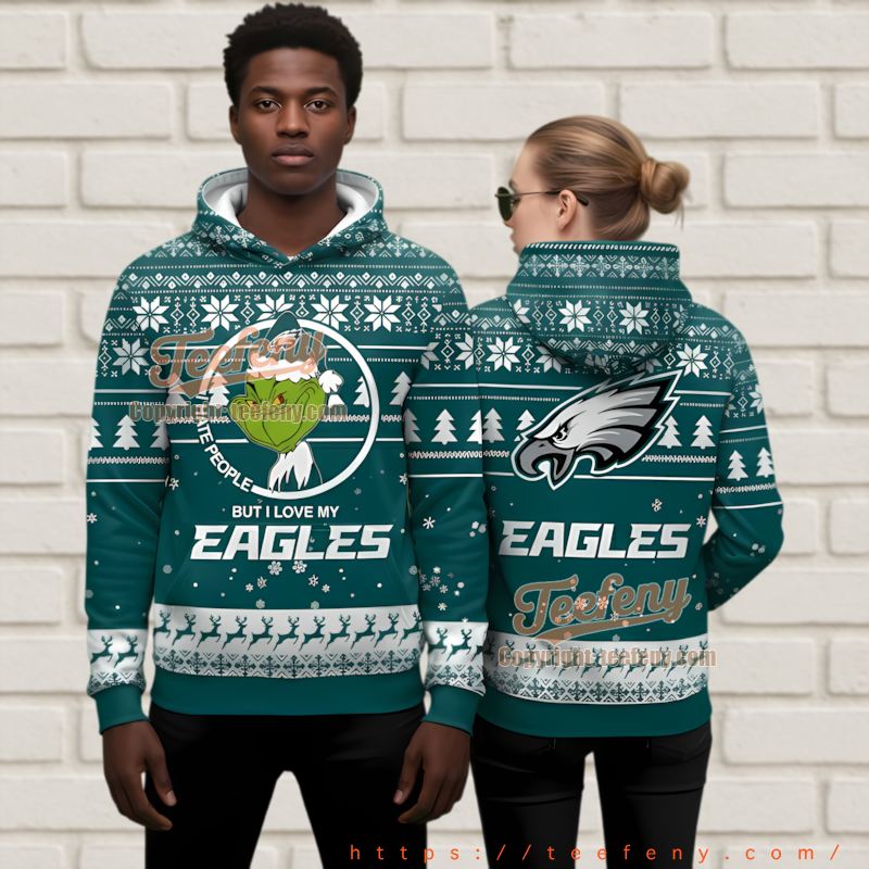 Philadelphia Eagles Grinch I Hate People 3D Ugly Christmas Hoodie