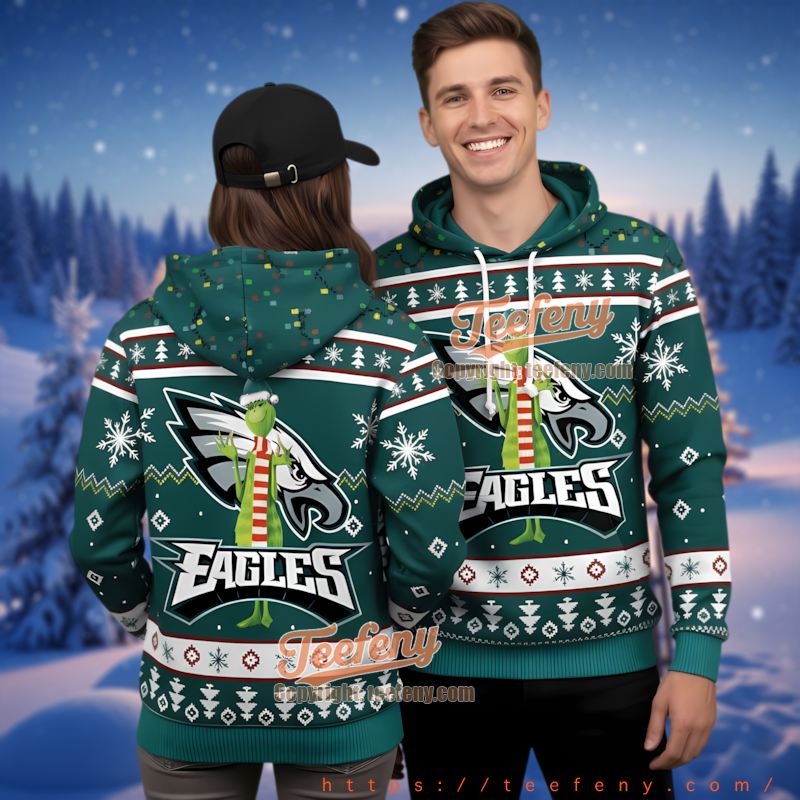 Philadelphia Eagles Grinch Standing Ugly Christmas 3D Hoodie