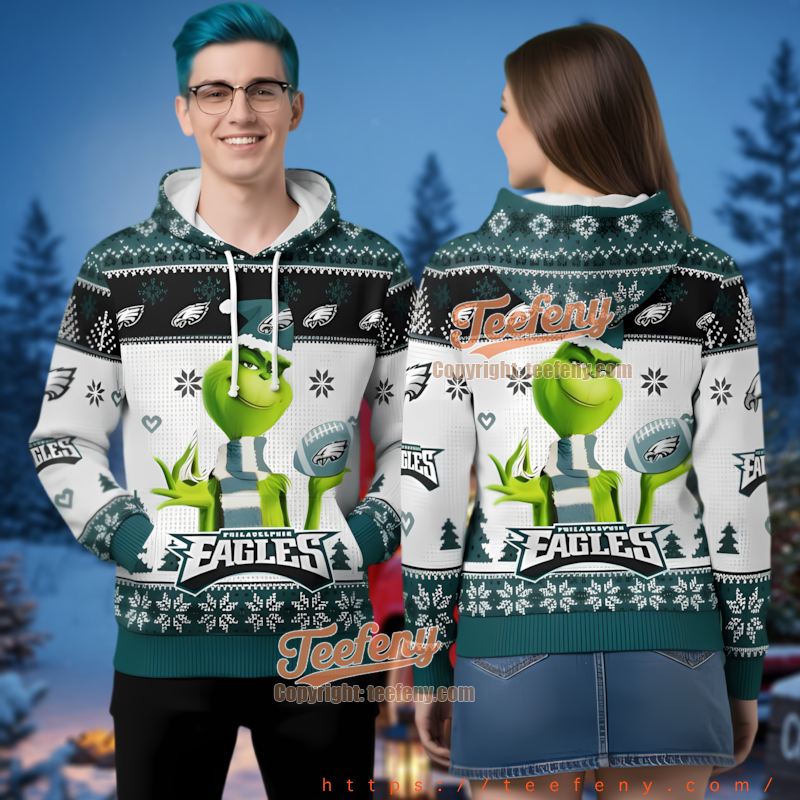 Philadelphia Eagles Grinch Stole Christmas 3D Ugly Hoodie Dr Seuss Fan