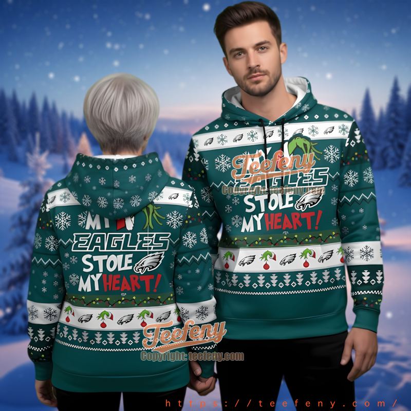 Philadelphia Eagles Grinch Stole My Heart Ugly Christmas 3D Hoodie