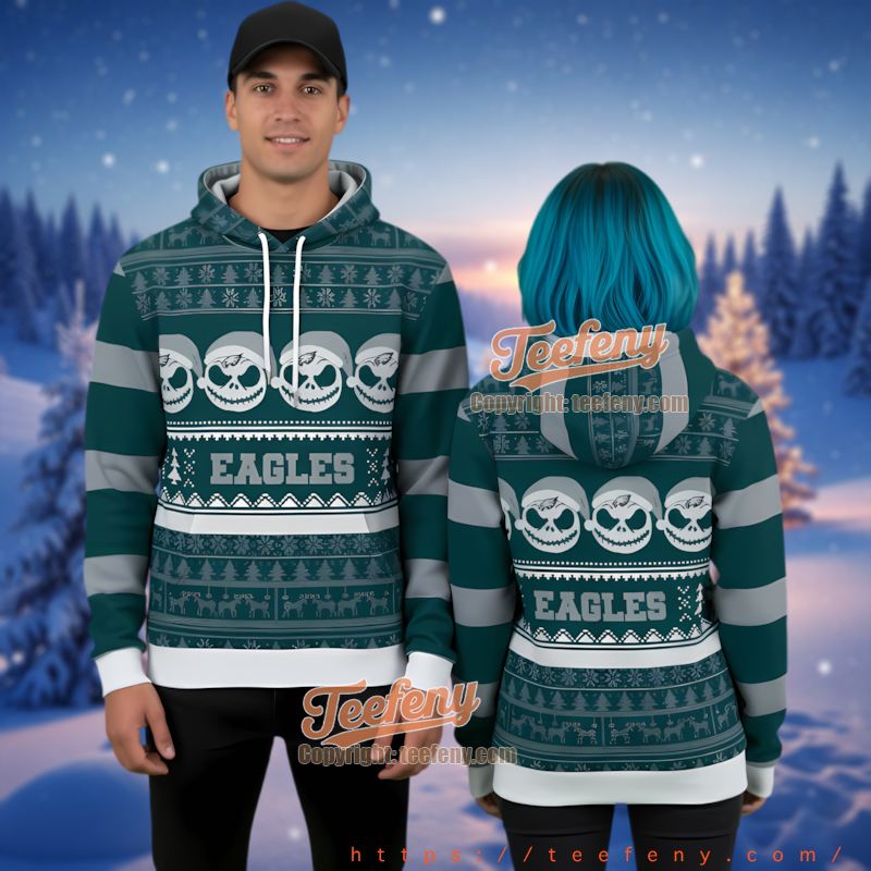Philadelphia Eagles Jack Skellington Christmas 3D Ugly Hoodie Fan Gift