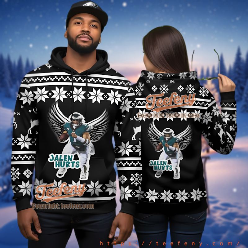 Philadelphia Eagles Jalen Hurts Angel Wings Ugly Christmas 3D Hoodie