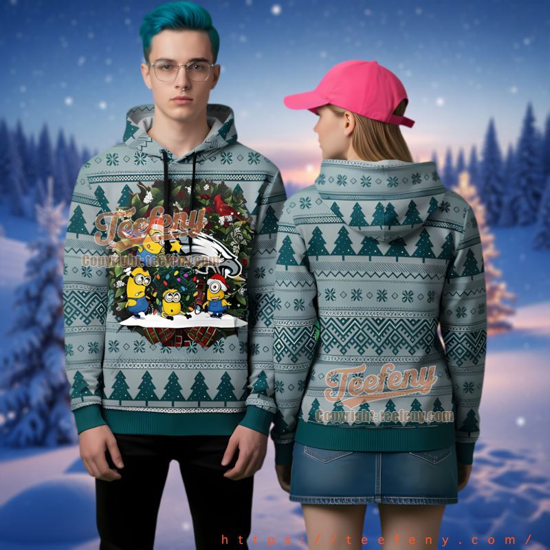 Philadelphia Eagles Minions Santa Hat 3D Ugly Christmas Hoodie