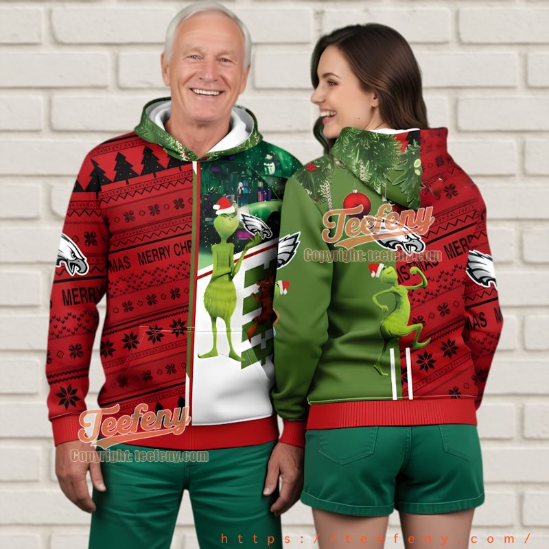 Philadelphia Eagles Red Green Grinch Holiday 3D Hoodie