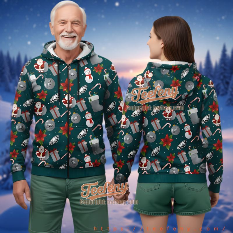 Philadelphia Eagles Santa Snowman Ugly Christmas 3D Zip Up Hoodie