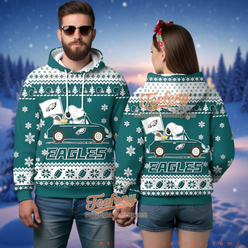 Philadelphia Eagles Snoopy Car Christmas 3D Ugly Hoodie Peanuts Fan