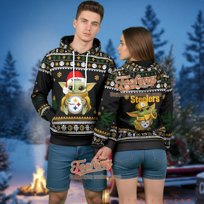 Pittsburgh Steelers Black Baby Yoda Ugly Christmas 3D Hoodie Fan