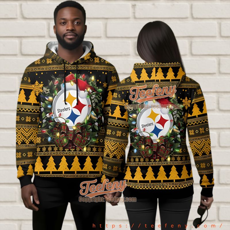Pittsburgh Steelers Christmas Wreath Light Ugly 3D Hoodie