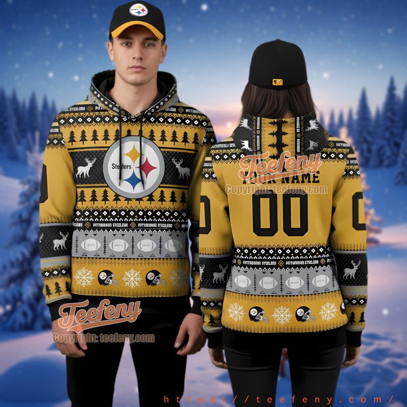 Pittsburgh Steelers Custom Number Ugly Christmas 3D Pullover Hoodie