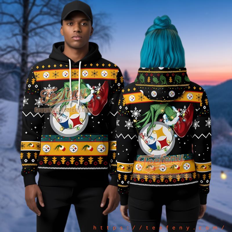 Pittsburgh Steelers Funny Grinch Light Ugly Christmas 3D Hoodie