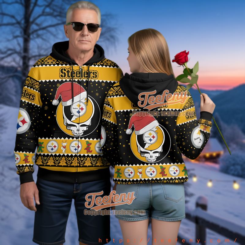 Pittsburgh Steelers Grateful Dead Ugly Christmas 3D Zip Hoodie Stealie Skull