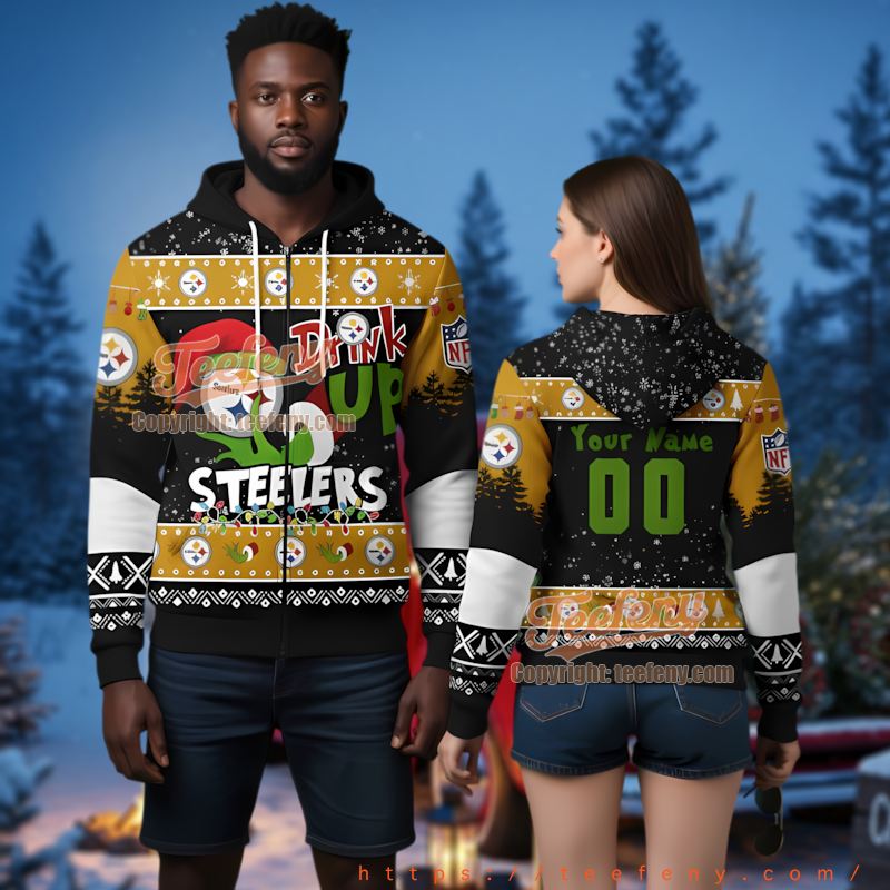Pittsburgh Steelers Grinch Drink Up Ugly Christmas 3D Hoodie Personalized