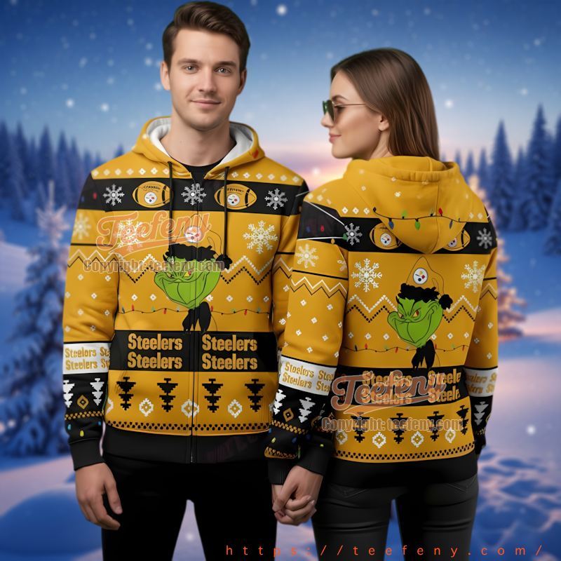 Pittsburgh Steelers Grinch Ugly Christmas 3D Zip Hoodie Yellow Black Fan