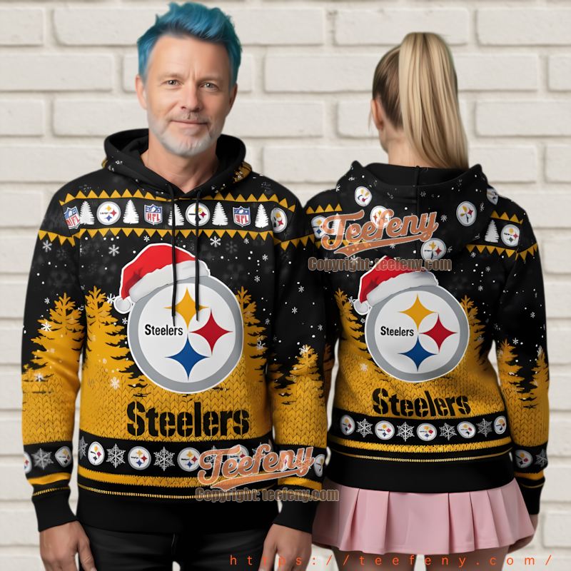 Pittsburgh Steelers Logo Ugly Christmas 3D Hoodie Santa Hat