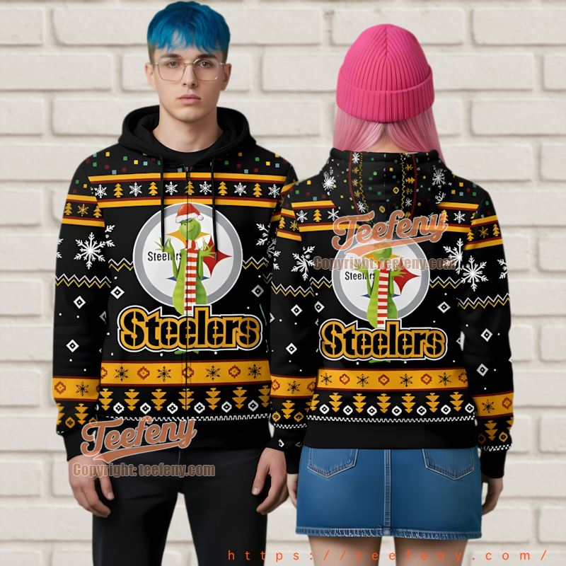 Pittsburgh Steelers Naughty Grinch Ugly Christmas 3D Hoodie Zip Up