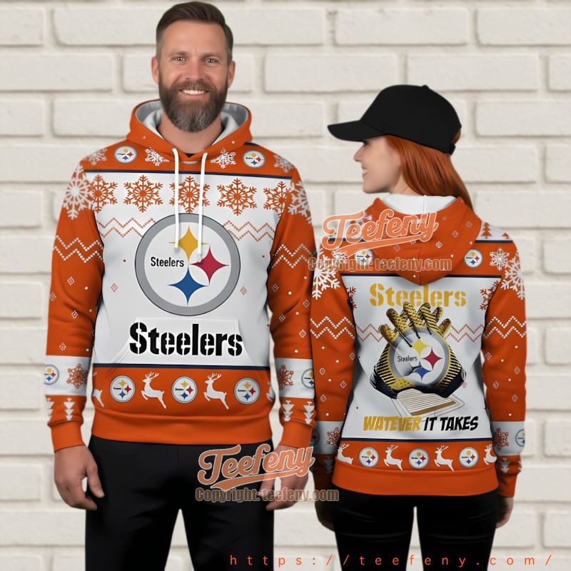 Pittsburgh Steelers Orange Ugly Christmas 3D Hoodie Snowflake Reindeer